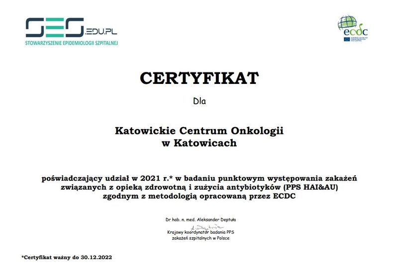 Certyfikat wystawiony przez Stowarzyszenie Epidemiologii Szpitalnej