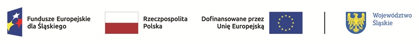Logo Fundusze Europejskie dla Śląskiego, Flaga Rzeczpospolitej Polskiej, Logo Dofinansowane przez Unię Europejską, Znak herbowy Województwa Śląskiego